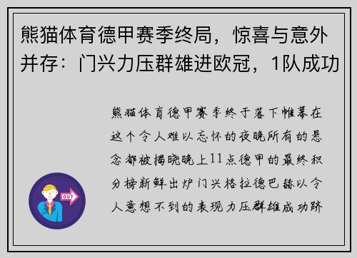 熊猫体育德甲赛季终局，惊喜与意外并存：门兴力压群雄进欧冠，1队成功保级 - 副本