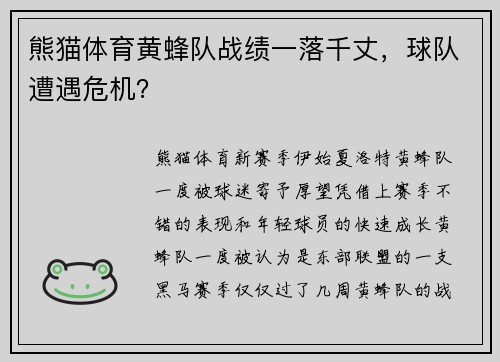 熊猫体育黄蜂队战绩一落千丈，球队遭遇危机？