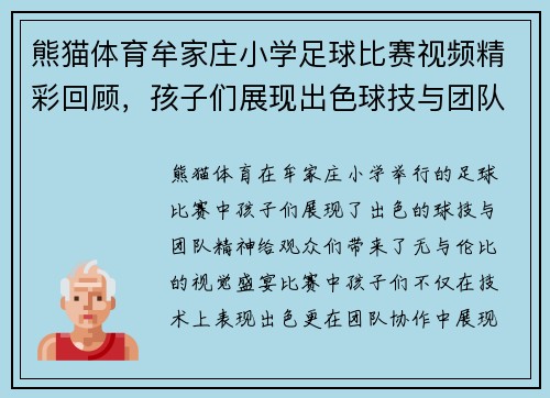 熊猫体育牟家庄小学足球比赛视频精彩回顾，孩子们展现出色球技与团队精神