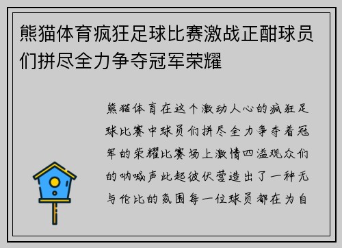 熊猫体育疯狂足球比赛激战正酣球员们拼尽全力争夺冠军荣耀