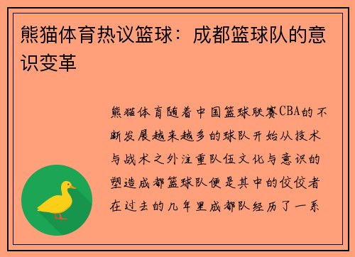 熊猫体育热议篮球：成都篮球队的意识变革