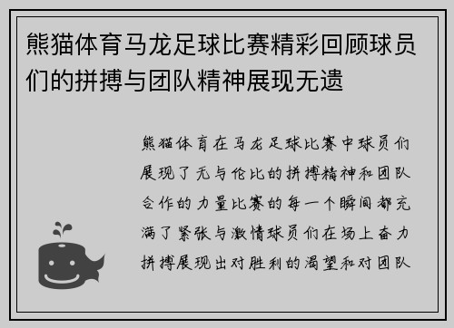 熊猫体育马龙足球比赛精彩回顾球员们的拼搏与团队精神展现无遗