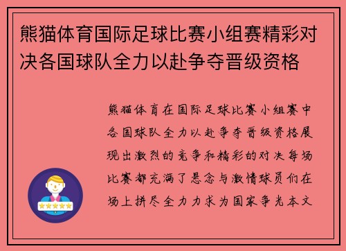 熊猫体育国际足球比赛小组赛精彩对决各国球队全力以赴争夺晋级资格
