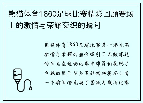 熊猫体育1860足球比赛精彩回顾赛场上的激情与荣耀交织的瞬间