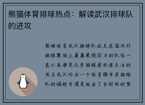 熊猫体育排球热点：解读武汉排球队的进攻
