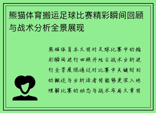 熊猫体育搬运足球比赛精彩瞬间回顾与战术分析全景展现