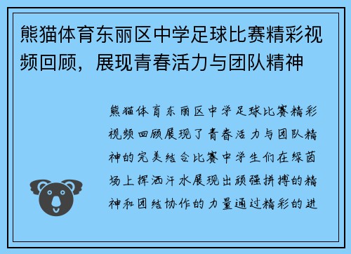 熊猫体育东丽区中学足球比赛精彩视频回顾，展现青春活力与团队精神