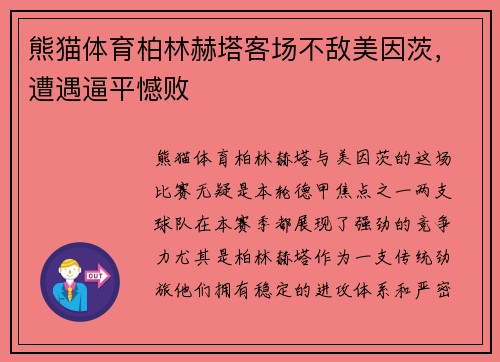 熊猫体育柏林赫塔客场不敌美因茨，遭遇逼平憾败