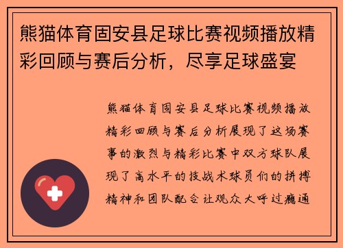 熊猫体育固安县足球比赛视频播放精彩回顾与赛后分析，尽享足球盛宴